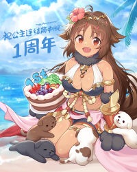 Rule 34 | 1girl, :d, absurdres, animal ears, animal hands, anniversary, antenna hair, armlet, armor, bare shoulders, beach, bike shorts, bikini, bikini top only, black shorts, blue sky, blush, breasts, brown eyes, brown hair, cake, chinese commentary, chinese text, cleavage, cloud, cloudy sky, commentary request, dark-skinned female, dark skin, day, dog, dog ears, dog girl, dog tail, fang, faulds, food, full body, fur collar, glint, gloves, hair between eyes, halterneck, highres, holding, holding plate, jell (jell y fish), kaori (princess connect!), kaori (summer) (princess connect!), large breasts, light rays, long hair, looking at viewer, midriff, navel, ocean, open mouth, outdoors, palm tree, parted bangs, paw gloves, plate, princess connect!, seiza, shadow, shorts, sidelocks, sitting, sky, smile, solo focus, sunbeam, sunlight, swimsuit, tail, thighlet, translation request, tree, very long hair, white bikini