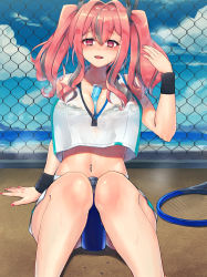Rule 34 | 1girl, :d, arm support, azur lane, bare legs, bare shoulders, beach, between breasts, between legs, black bra, blue sky, blush, bottle, bra, breasts, bremerton (azur lane), bremerton (scorching-hot training) (azur lane), chain-link fence, cleavage, cloud, collarbone, collared shirt, commentary request, cowboy shot, crop top, crop top overhang, day, fence, green skirt, grey hair, groin, hair between eyes, hair intakes, hair ornament, hand up, highres, horizon, knees together feet apart, knees up, large breasts, long hair, looking at viewer, midriff, mole, mole under eye, multicolored hair, nail polish, navel, navel piercing, nose blush, ocean, open mouth, outdoors, piercing, pink eyes, pink hair, pink nails, racket, ramachiru, sand, see-through, shadow, shirt, sidelocks, sitting, skirt, sky, sleeveless, sleeveless shirt, smile, solo, sportswear, steam, streaked hair, sweat, tennis racket, tennis uniform, twintails, two-tone hair, two-tone shirt, two-tone skirt, underwear, water bottle, water drop, wet, wet clothes, wet shirt, white shirt, white skirt, wristband