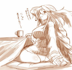 Rule 34 | braid, breasts, breath of fire, breath of fire iii, dr.p, glasses, kotatsu, large breasts, momo (breath of fire), monochrome, panties, table, translation request, underwear