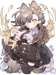Rule 34 | 1girl, animal ears, arknights, ascot, black coat, black suit, black thighhighs, blush, brown hair, coat, collared shirt, cropped legs, flower, flower-shaped pupils, formal, gold trim, hair ornament, highres, light frown, long hair, long sleeves, looking at viewer, outstretched hand, penance (arknights), pixelated, rose, saucer (saucer752), shirt, simple background, solo, sparkle, suit, swept bangs, symbol-shaped pupils, thighhighs, white background, white flower, white rose, white shirt, wolf ears, yellow eyes