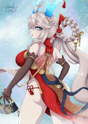 Rule 34 | 1girl, absurdres, ahoge, blue eyes, braided hair rings, china dress, chinese clothes, dragon girl, dragon horns, dress, eversoul, female focus, gold trim, hand fan, highres, honglan (eversoul), horns, ice, looking at viewer, looking back, low twintails, red dress, simple background, snow, snowing, solo, twintails, verarity