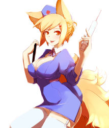 Rule 34 | 1girl, :p, animal ears, blonde hair, clipboard, dearmybrothers, female focus, fox ears, fox tail, garter straps, hat, highres, holding, multiple tails, nurse, nurse cap, panties, short hair, smile, solo, syringe, tail, thighhighs, tongue, tongue out, touhou, underwear, white thighhighs, yakumo ran, yellow eyes