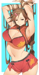 Rule 34 | 1girl, adapted costume, armpits, arms up, bikini, bikini skirt, blue background, breasts, brown eyes, brown hair, cleavage, commentary request, floral print, guilty gear, hair ornament, hairclip, highres, kuma (jk0073), kuradoberi jam, lips, long hair, looking at viewer, medium breasts, navel, parted lips, red skirt, shiny clothes, signature, simple background, skirt, stomach, swimsuit, thighs
