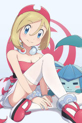 Rule 34 | 1girl, absurdres, anklet, blonde hair, blue eyes, blush, bracelet, closed mouth, collar, collarbone, commentary request, creatures (company), game freak, gen 4 pokemon, glaceon, hair between eyes, hairband, highres, irida (pokemon), jewelry, nail polish, neck ring, nintendo, pokemon, pokemon (creature), pokemon legends: arceus, red footwear, red hairband, red shirt, sash, scarletsky, shirt, shoes, short hair, short shorts, shorts, smile, split mouth, strapless, strapless shirt, thighhighs, waist cape, white shorts, white thighhighs