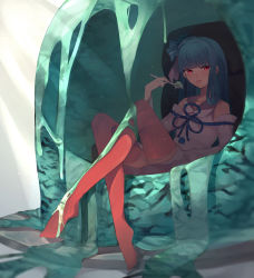 Rule 34 | 1girl, blue eyes, blue hair, breasts, collarbone, commentary request, food, highres, hiiragi mikoto, holding, holding spoon, ice cream, kotonoha aoi, long hair, long legs, long sleeves, looking at viewer, mint chocolate, mint chocolate chip, red thighhighs, solo, spoon, thighhighs, tongue, tongue out, voiceroid