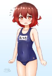 Rule 34 | 1girl, bare legs, blue background, breasts, brown eyes, brown hair, covered navel, cowboy shot, gradient background, gradient hair, highres, kantai collection, looking at viewer, multicolored hair, mutsuki (kancolle), old school swimsuit, open mouth, red hair, school swimsuit, short hair, signature, small breasts, solo, swimsuit, thighs, zanne