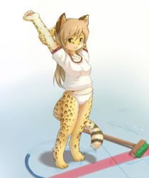 Rule 34 | 1girl, animal ears, animal hands, arms up, barefoot, cleaning, female focus, full body, furry, furry female, gym uniform, hose, leopard ears, leopard tail, long hair, panties, smile, solo, stretching, tail, underwear, water, whiskers