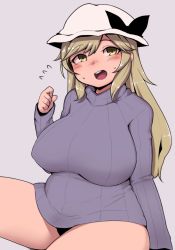 Rule 34 | 1girl, :d, black panties, blonde hair, blush, breasts, flying sweatdrops, hat, highres, large breasts, long hair, looking at viewer, oozon (ozon), open mouth, panties, plump, ribbed sweater, round teeth, sitting, smile, solo, sweat, sweater, teeth, thick thighs, thighs, touhou, turtleneck, turtleneck sweater, underwear, watatsuki no toyohime, yellow eyes