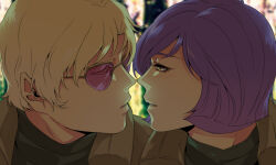 Rule 34 | 2boys, black shirt, blonde hair, brown jacket, char aznable, close-up, closed eyes, colored eyelashes, commentary, face-to-face, from side, garma zabi, gundam, imminent kiss, itsmefool, jacket, looking at another, male focus, mobile suit gundam, mobile suit gundam the origin, multiple boys, parted lips, profile, purple-tinted eyewear, purple hair, shirt, short hair, sunglasses, tinted eyewear, yaoi, yellow eyes