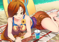 Rule 34 | 1girl, alternate costume, bare shoulders, barefoot, beach, breasts, brown eyes, cleavage, day, eyes visible through hair, league of legends, leona (league of legends), lips, long hair, looking at viewer, lying, medium breasts, on side, orange hair, outdoors, pool party leona, sarong, solo, swimsuit, takejun, water