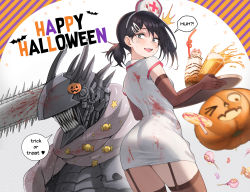 Rule 34 | 1girl, ass, beruko14, black hair, black thighhighs, blood, blood on clothes, candy, chainsaw devil, chainsaw man, dress, elbow gloves, food, garter straps, gloves, hair ornament, halloween, halloween costume, higashiyama kobeni, highres, looking at viewer, looking back, mole, mole under eye, monster, nurse, pochita (chainsaw man), ponytail, power (chainsaw man), pumpkin, short dress, short sleeves, spilling, surprised, tears, thighhighs