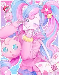 Rule 34 | 1girl, :d, absurdres, applying makeup, blue eyes, blue hair, blue skirt, blush, clefairy, clefairy sprite (pokemon), collared shirt, commentary, creatures (company), fairy miku (project voltage), finger to mouth, flower, game freak, gen 1 pokemon, hair flower, hair ornament, hands up, hatsune miku, highres, holding, jigglypuff, lipgloss, long hair, long sleeves, looking at another, looking at viewer, mipi (u3u 00), multicolored hair, nail polish, nintendo, one eye closed, open mouth, pink hair, pink sweater, plaid, plaid skirt, pleated skirt, poke ball, pokemon, pokemon (creature), pokewalker, project voltage, red flower, red nails, scrunchie, shirt, skirt, smile, sparkle, sweater, symbol-only commentary, twintails, two-tone hair, very long hair, vocaloid, yellow flower