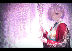 Rule 34 | 1girl, alternate costume, blurry, blush, breasts, closed mouth, commentary request, depth of field, fate/grand order, fate (series), floral background, floral print, flower, hair between eyes, hair over one eye, highres, japanese clothes, kimono, letterboxed, light purple hair, looking at viewer, mash kyrielight, medium breasts, purple eyes, short hair, smile, solo, standing, wisteria, yorubeni