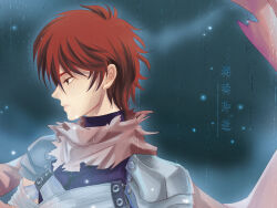 Rule 34 | 1boy, armor, assassin (ragnarok online), bandages, brown scarf, chinese text, closed mouth, commentary request, expressionless, green eyes, hair between eyes, long bangs, looking afar, looking to the side, luodiyee, male focus, pauldrons, profile, purple shirt, ragnarok online, rain, red hair, scarf, shirt, short hair, shoulder armor, solo, torn clothes, torn scarf, translation request, upper body