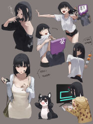 Rule 34 | 1boy, 1girl, absurdres, black hair, black shirt, black shorts, breasts, cigarette, cleavage, dango, dated commentary, dress, facial tattoo, food, grey background, highres, holding, holding food, hood, hooded jacket, jacket, korean text, mac star, medium breasts, monitor, multiple views, off shoulder, original, red eyes, running, shirt, short hair, shorts, simple background, smoking, star tattoo, stuffed animal, stuffed toy, t-shirt, tattoo, translation request, wagashi, white dress, white shirt, yellow jacket