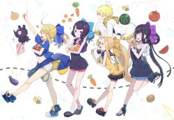 Rule 34 | 1boy, 4girls, abigail williams (fate), absurdres, arm up, arrow (symbol), artoria pendragon (fate), bag, bare arms, bare shoulders, bee, black dress, black skirt, blonde hair, blue bow, blue eyes, blush, bow, box, brown bow, bug, carrot, closed eyes, closed mouth, commentary request, dress, eggplant, fate/grand order, fate/requiem, fate (series), food, fruit, grin, hair bow, hair rings, hand up, hands up, heart, highres, holding, holding box, hood, hood down, hooded dress, index finger raised, insect, katsushika hokusai (fate), layered skirt, light brown hair, long hair, long sleeves, meat, multiple girls, mysterious heroine x (fate), mysterious heroine xx (fate), onion, parted bangs, plastic bag, pleated skirt, ponytail, potato, profile, purple bow, purple eyes, purple hair, shirt, sidelocks, skirt, sleeveless, sleeveless dress, sleeveless shirt, sleeves past fingers, sleeves past wrists, smile, sparkle, tokitarou (fate), tomato, totatokeke, v, very long hair, voyager (fate), watermelon, yang guifei (fate), yellow shirt