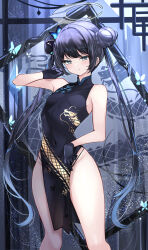 Rule 34 | 1girl, absurdres, arm up, bare arms, bare shoulders, black dress, black gloves, black hair, black pantyhose, blue archive, blush, breasts, china dress, chinese clothes, closed mouth, covered navel, double bun, dragon print, dress, feet out of frame, gloves, gradient hair, grey eyes, haidollo, hair bun, hair intakes, hair ornament, halo, hand up, highres, kisaki (blue archive), long hair, looking at viewer, multicolored hair, narrow waist, panty straps, pantyhose, pelvic curtain, print dress, short dress, sleeveless, sleeveless dress, small breasts, solo, standing, thick thighs, thighs, turtleneck, turtleneck dress, twintails, very long hair, x hair ornament