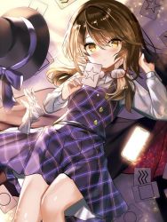 Rule 34 | 1girl, black hat, bolo tie, bow, brown hair, buttons, cape, fedora, fuepo, glasses, gloves, hat, hat bow, looking at viewer, low twintails, lying, on back, plaid, plaid vest, purple skirt, purple vest, red-framed eyewear, school uniform, semi-rimless eyewear, short hair, skirt, solo, touhou, twintails, under-rim eyewear, unworn eyewear, unworn gloves, unworn hat, unworn headwear, usami sumireko, vest, yellow eyes, zener card