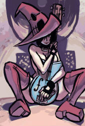 Rule 34 | 1girl, alex ahad, arc system works, bass guitar, black eyes, black hair, boots, breasts, censored, choker, cleavage, collar, convenient censoring, fingerless gloves, gloves, guilty gear, guitar, hair over one eye, hat, i-no, instrument, large breasts, lowres, nude, short hair, sitting, solo, spread legs, thigh boots, thighhighs, witch hat
