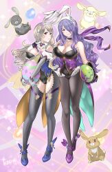 Rule 34 | 2girls, 6nutqd2kwd0iqcl, absurdres, alternate costume, animal ears, bare shoulders, black leotard, black thighhighs, breasts, camilla (fire emblem), camilla (spring) (fire emblem), cleavage, collarbone, corrin (female) (fire emblem), corrin (fire emblem), easter egg, egg, elbow gloves, fake animal ears, fire emblem, fire emblem fates, fire emblem heroes, gloves, grey gloves, groin, hair over one eye, hairband, highres, large breasts, leotard, long hair, looking at viewer, multiple girls, nintendo, official alternate costume, pantyhose, playboy bunny, pointy ears, purple background, purple eyes, purple gloves, purple hair, rabbit, rabbit ears, red eyes, smile, thighhighs, very long hair
