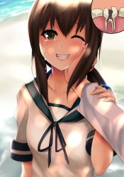 Rule 34 | 10s, 1boy, 1girl, ;d, admiral (kancolle), holding another&#039;s arm, artist name, beach, blue ribbon, blush, brown hair, cavity, collarbone, crying, crying with eyes open, dappled sunlight, fingernails, fubuki (kancolle), green eyes, grin, hair between eyes, hand on another&#039;s face, highres, holding own arm, kantai collection, long sleeves, looking at viewer, ocean, one eye closed, open mouth, outdoors, pain, pov, pov hands, revision, ribbon, sailor collar, sand, short sleeves, sleeve cuffs, smile, sunlight, tareme, tears, teeth, tony guisado, water