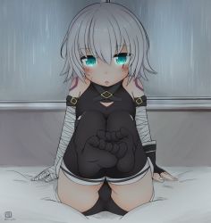 Rule 34 | 1girl, blue eyes, blush, breasts, fate/apocrypha, fate/grand order, fate (series), feet, groin, jack the ripper (fate/apocrypha), no shoes, roripedon, small breasts, soles, solo, toes, white hair