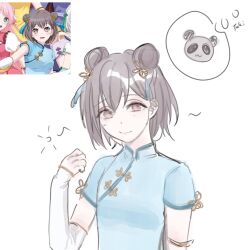 Rule 34 | 1girl, bang dream!, bang dream! it&#039;s mygo!!!!!, blue dress, brown eyes, china dress, chinese clothes, chinese commentary, closed mouth, commentary request, double bun, dress, feiyu30903448, grey hair, hair bun, highres, reference inset, short hair, short sleeves, simple background, solo, takamatsu tomori, upper body, white arm warmers, white background