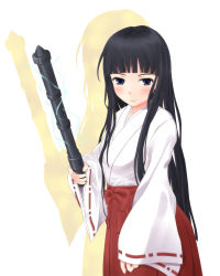 Rule 34 | 1girl, baton (weapon), black eyes, black hair, blunt bangs, electricity, himegami aisa, japanese clothes, light smile, long hair, long sleeves, miko, shin (highest1192), simple background, solo, standing, toaru majutsu no index, toaru majutsu no index: old testament, weapon