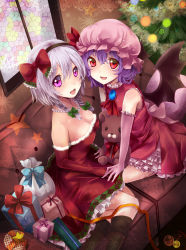 Rule 34 | 2girls, bare shoulders, bat wings, braid, breasts, cleavage, couch, female focus, gift, hairband, hat, highres, izayoi sakuya, jewelry, large breasts, multiple girls, necklace, open mouth, pearl necklace, purple eyes, purple hair, red eyes, remilia scarlet, ribbon, sakura ran, santa costume, short hair, silver hair, smile, stained glass, stuffed animal, stuffed toy, teddy bear, touhou, twin braids, wings