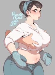 Rule 34 | 1girl, agawa ryou, artist name, belly, blue pants, blush, breasts, brown hair, cleavage, collarbone, commentary, cowboy shot, crop top, dated, denim, disembodied limb, english commentary, grey background, groping, jeans, large breasts, looking at viewer, midriff, navel, numbered, open mouth, orange eyes, original, oven mitts, pants, parted lips, pink lips, plump, shirt, short hair, simple background, sleeves past elbows, solo, sweatdrop, swept bangs, thick eyebrows, thick thighs, thighs, white shirt