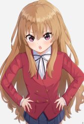 Rule 34 | 1girl, absurdres, aftamc, aisaka taiga, black ribbon, blazer, blue skirt, blush, brown hair, buttons, collared shirt, commentary, cowboy shot, double-breasted, hair between eyes, hands on own hips, highres, jacket, long hair, long sleeves, looking at viewer, neck ribbon, oohashi high school uniform, open mouth, pleated skirt, purple eyes, red jacket, ribbon, school uniform, shirt, signature, simple background, skirt, solo, teeth, toradora!, upper teeth only, very long hair, white background, white shirt