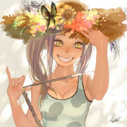 Rule 34 | 1girl, breasts, brown hair, bug, butterfly, cleavage, dimples, eyelashes, flower, freckles, grin, hat, insect, original, smile, solo, straw hat, summer, temoshi, twintails, yellow eyes