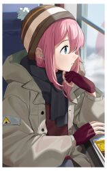 Rule 34 | 1girl, absurdres, beanie, black scarf, blue eyes, border, brown hat, brown jacket, cellphone, commentary, elbow rest, english commentary, fingerless gloves, gloves, haerge, hand on own chin, hat, highres, hood, hooded jacket, jacket, kagamihara nadeshiko, light blush, long hair, long sleeves, looking afar, looking to the side, open clothes, open jacket, parted lips, phone, pink hair, pom pom (clothes), pom pom beanie, profile, puffy long sleeves, puffy sleeves, purple gloves, red sweater, scarf, smartphone, solo, sweater, train interior, white border, window, winter clothes, wireless earphones, yurucamp