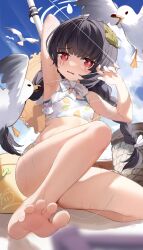 Rule 34 | 1girl, ahoge, animal, arm up, bare arms, bare legs, bare shoulders, barefoot, bikini, bird, black hair, blue archive, blue sky, braid, cloud, commentary request, day, fishing line, fishing rod, hair ribbon, halo, highres, leaf, leaf on head, leaf print, long hair, looking at viewer, low twintails, miyu (blue archive), miyu (swimsuit) (blue archive), nahaki, official alternate costume, outdoors, parted lips, print bikini, red eyes, ribbon, seagull, sky, soles, solo, swimsuit, tears, twin braids, twintails, very long hair, white bikini, white ribbon