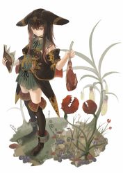 Rule 34 | 1girl, absurdres, animal ears, arakawa (iru and ruka), black choker, black ribbon, bone, book, brown eyes, brown footwear, brown hair, brown thighhighs, carnivorous plant, choker, closed mouth, clothing request, commentary request, dress, ear ornament, food, full body, green dress, hair between eyes, headpiece, highres, holding, holding book, holding food, language request, long hair, looking at viewer, meat, mushroom, neck ribbon, original, over-kneehighs, pitcher plant, plant, raw meat, ribbon, shoes, simple background, sleeveless, sleeveless dress, solo, split mouth, standing, thighhighs, translation request, white background, wing collar