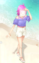 Rule 34 | &gt; &lt;, 1girl, artist name, artist request, bare legs, bare shoulders, beach, belt, blue shirt, blush, bracelet, breasts, collarbone, covering face, drawing, dress, dress shirt, female focus, full body, highres, holding, holding notebook, jewelry, looking at viewer, love live!, love live! nijigasaki high school idol club, nail, nail polish, necklace, notebook, ocean, outdoors, pants, paper, parted lips, pink belt, pink hair, pink nails, pink nails, puffy short sleeves, puffy sleeves, shell, shirt, shoes, short hair, short sleeves, shorts, sketchbook, smile, solo, tennoji rina, undershirt, walking, white footwear, white pants, white shorts