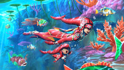 Rule 34 | 1boy, 1girl, anklet, bracelet, brother and sister, bubble, colored skin, coral, fish, jasqreate, jewelry, lily pad, looking at another, mipha, necklace, nintendo, open mouth, orange eyes, red skin, siblings, sidon, swimming, the legend of zelda, the legend of zelda: breath of the wild, underwater, zora