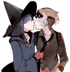 Rule 34 | 10s, 2girls, blue hair, choker, croix meridies, closed eyes, glasses, goggles, goggles on head, gradient hair, hat, imminent kiss, jkb78 uuz91520, light brown hair, little witch academia, long hair, multicolored hair, multiple girls, necktie, necktie grab, neckwear grab, parted lips, round eyewear, short hair, simple background, ursula callistis, white background, witch, witch hat, yuri