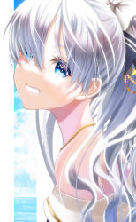 Rule 34 | 1girl, anastasia (fate), anastasia (swimsuit archer) (fate), anastasia (swimsuit archer) (third ascension) (fate), bare shoulders, blue eyes, blush, bow, breasts, fate/grand order, fate (series), grin, hair bow, hair over one eye, jewelry, large breasts, long hair, looking at viewer, necklace, ponytail, silver hair, smile, solo, totororo, very long hair
