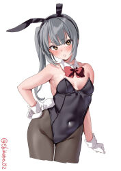 Rule 34 | 1girl, alternate costume, animal ears, bare shoulders, black leotard, blush, bow, bowtie, breasts, commentary request, cowboy shot, detached collar, ebifurya, fake animal ears, grey hair, hand on own hip, highres, kantai collection, kasumi (kancolle), leotard, long hair, looking at viewer, pantyhose, playboy bunny, rabbit ears, side ponytail, small breasts, solo, strapless, strapless leotard, tail, twitter username, white background, wrist cuffs, yellow eyes