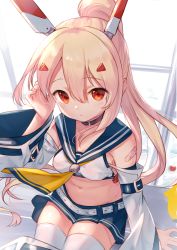 Rule 34 | 1girl, :o, ayanami (azur lane), azur lane, bandaid, bandaid on shoulder, blue sailor collar, blue skirt, blush, breasts, buckle, collar, collarbone, crop top, detached sleeves, hair between eyes, hand in own hair, hand up, headgear, heart, highres, indoors, long hair, long sleeves, miniskirt, navel, neckerchief, parted lips, ponytail, red eyes, sailor collar, sidelocks, sitting, skirt, small breasts, solo, stomach, thighhighs, tsukiman, very long hair, white thighhighs, window, yellow neckerchief, zettai ryouiki