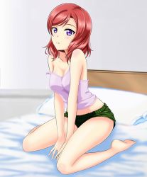 Rule 34 | 10s, 1girl, arjend, artist request, bed, blouse, blush, breasts, camisole, cleavage, female focus, grey background, looking at viewer, love live!, love live! school idol festival, love live! school idol project, lying, medium breasts, nishikino maki, no bra, on bed, on side, parted lips, pillow, pink shirt, purple eyes, red hair, shirt, short hair, short shorts, shorts, sitting, sleeveless, sleeveless shirt, solo, swept bangs, tank top, thighs
