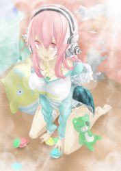 Rule 34 | 1girl, breasts, cat, cleavage, haziketti, headphones, highres, large breasts, long hair, looking at viewer, macaron, nitroplus, open mouth, pink eyes, pink hair, solo, stuffed animal, stuffed toy, super sonico, teddy bear
