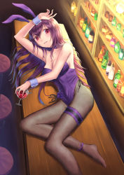 Rule 34 | 1girl, alcohol, animal ears, ankle ribbon, arm up, armpits, bar (place), bar stool, bare arms, bare shoulders, black pantyhose, blush, bottle, bow, breasts, cleavage, collarbone, cup, detached collar, drinking glass, fake animal ears, fate/grand order, fate (series), fishnet pantyhose, fishnets, flower, from above, hand on own head, holding, holding cup, holding drinking glass, indoors, leg ribbon, leotard, long hair, looking at viewer, lying, medium breasts, no shoes, official alternate costume, on side, pantyhose, parted lips, playboy bunny, purple bow, purple flower, purple hair, purple leotard, purple neckwear, purple ribbon, purple rose, rabbit ears, red eyes, ribbon, rose, scathach (fate), scathach (piercing bunny) (fate), shelf, smile, solo, stool, thigh strap, tobychou, very long hair, wine glass, wrist cuffs