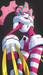 Rule 34 | 10s, absurdres, argentea (darling in the franxx), blue eyes, claw (weapon), commentary, darling in the franxx, highres, humanoid robot, mecha, no humans, park bandi, robot, simple background, solo, twintails, weapon