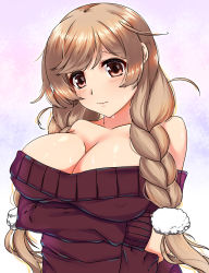 Rule 34 | 1girl, absurdres, alternate costume, braid, breasts, brown eyes, cloud hair ornament, gradient hair, highres, kantai collection, large breasts, light brown hair, long hair, long sleeves, minegumo (kancolle), multicolored hair, off-shoulder sweater, off shoulder, red sweater, shigatsu (soratobuusagi), solo, sweat, sweater, twin braids, upper body