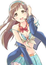 Rule 34 | 10s, 1girl, blush, breasts, brown eyes, brown hair, cleavage, front-tie top, hairband, headset, highres, idolmaster, idolmaster cinderella girls, jacket, long hair, midriff, navel, nitta minami, open clothes, open jacket, open mouth, satogo, skirt, smile, solo, strap slip