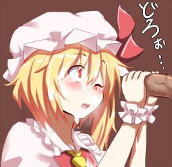 Rule 34 | blonde hair, bow, cum, facial, flandre scarlet, handjob, hat, hat bow, open mouth, penis, red eyes, touhou, uncensored, wink