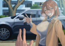 Rule 34 | 1girl, 2boys, black bean, blush, breasts, brown hair, brown jacket, car, closed eyes, commentary, grin, hair between eyes, hair ornament, hairclip, jacket, large breasts, long sleeves, motor vehicle, multiple boys, netorare, open clothes, open jacket, original, ribbed sweater, short hair, smile, sports utility vehicle, sweater, turtleneck, turtleneck sweater, waving, white sweater