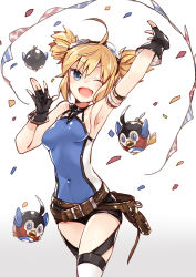 Rule 34 | 10s, 1girl, 218, ahoge, armlet, armpits, bare shoulders, belt, black gloves, blonde hair, blue eyes, blush, fang, fingerless gloves, gloves, goggles, goggles on head, granblue fantasy, one eye closed, open mouth, pengie, short hair, short twintails, shorts, smile, solo, twintails